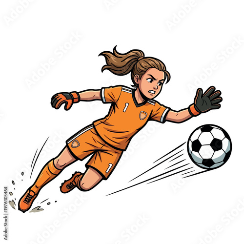 Female soccer goalkeeper diving to save ball. Portera de fútbol femenino