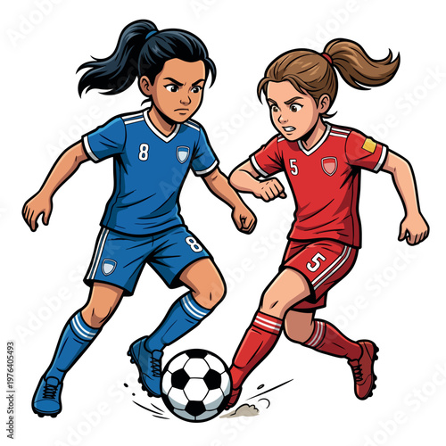 Two young girls competing for soccer ball. Jugadoras de fútbol femenino
