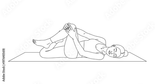 A serene woman lies on a yoga mat, gently performing a supine spinal twist, highlighting flexibility and mindful relaxation during her practice.