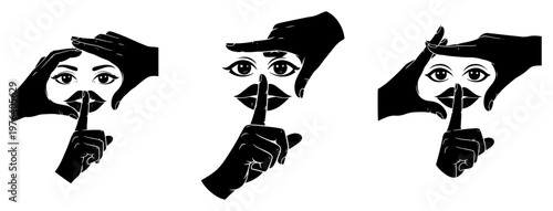 Secret society eye symbol with finger over mouth for silence and conspiracy concepts in black and white vector style