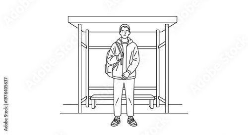 A solitary young person with a backpack is standing patiently at a deserted bus stop, waiting for transportation in an urban setting.
