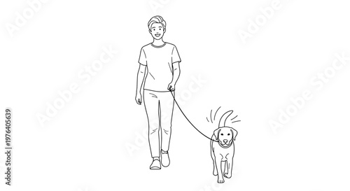 A young person is walking a cheerful dog on a leash, enjoying an outdoor stroll together and demonstrating the bond between pet and owner.