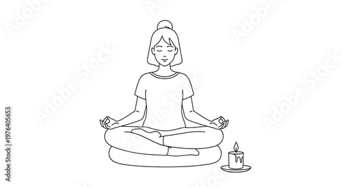 A calm woman with a serene expression is sitting in a peaceful meditation pose next to a lit candle, embodying mindfulness and spiritual tranquility.