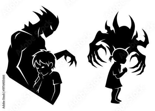 Children silhouettes haunted by scary shadow monsters representing childhood fears and trauma in black and white vector style