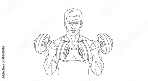 A strong and determined man is performing bicep curls with dumbbells, showcasing his muscular physique and dedication to fitness and strength training.