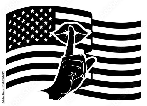Hand making silence gesture over American flag representing censorship and government secrets in black and white vector style