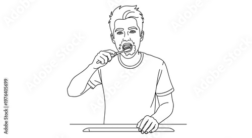 A man is performing the daily hygiene routine of brushing his teeth with a toothbrush, demonstrating self-care and oral health.