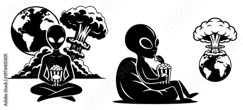 Aliens eating popcorn while watching nuclear explosion on Earth representing global destruction satire in black and white vector style