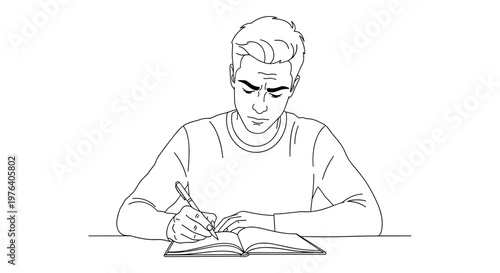 A young man with a furrowed brow intently writes or draws in an open book with a pen, focused on his studies or creative work.