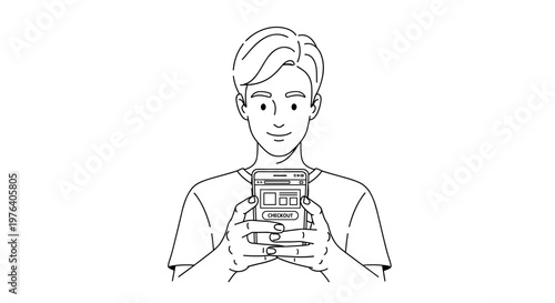 A young man holds a smartphone with both hands, looking intently at the screen, likely engaging with a mobile application or social media.