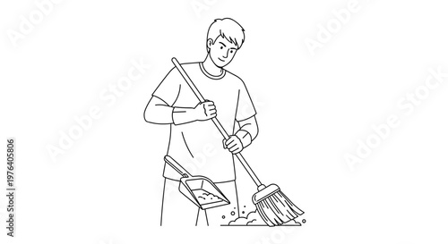 A young man diligently sweeps dust and debris into a dustpan with a broom, illustrating household chores or cleaning duties.