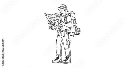 A focused hiker with a large backpack diligently reads a detailed topographical map, planning the next adventurous route.