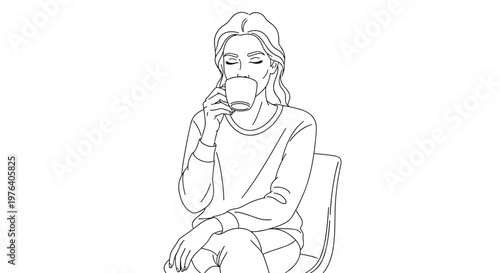 A relaxed young person sits comfortably, enjoying a warm beverage from a mug, savoring a peaceful moment.