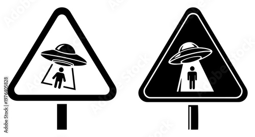 Warning road sign depicting alien abduction with UFO beaming up a human in minimalist black and white vector style