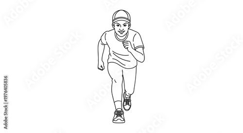 An energetic person wearing a hat is actively running directly towards the viewer with determination and focus.