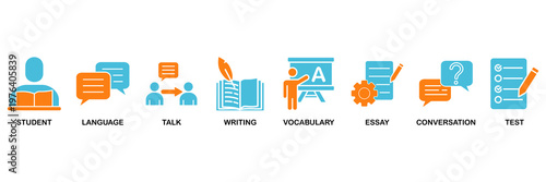 English class icon set Aqua Orange Flat concept for student, language, talk, writing, vocabulary, essay, conversation, test
