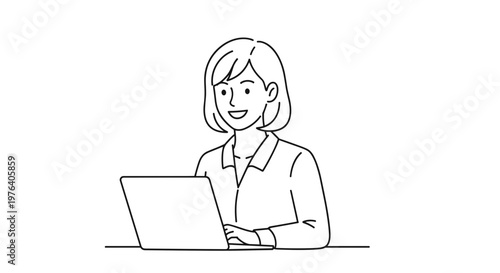 A cheerful young woman with short hair smiles warmly as she confidently works on her laptop at a desk, indicating job satisfaction.
