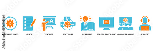 Video tutorial icon set Aqua Orange Flat concept for watching video, guide, teacher, software, learning, screen recording, online training, support