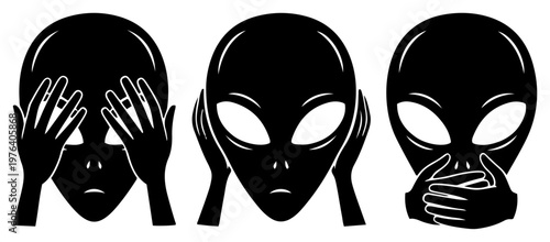 Three wise aliens covering eyes ears and mouth representing see no evil hear no evil speak no evil in black and white vector style