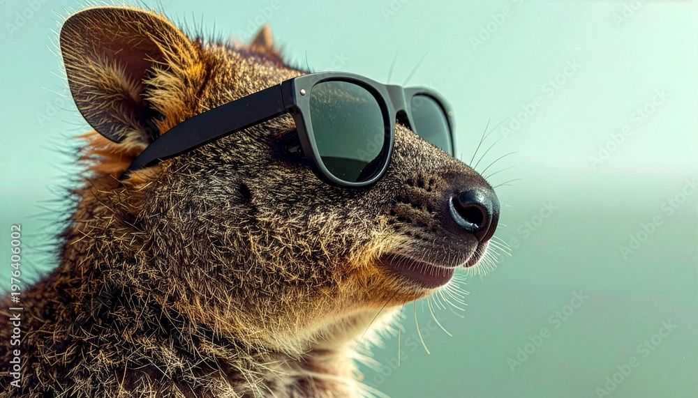 Obraz premium Close up portrait of a cool brown sloth wearing sunglasses on a vibrant turquoise background for summer fashion and funny animal character branding welder silhouette AI Generative 