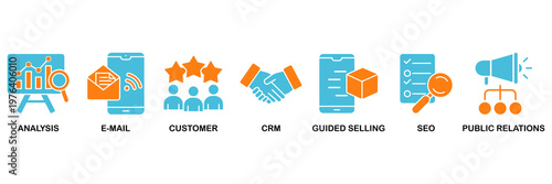 Inbound marketing icon set Aqua Orange Flat concept for analysis, email, customer, crm, guided selling, seo and public relations