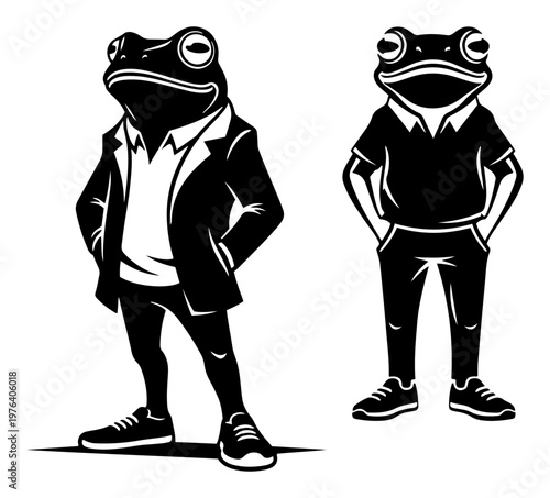 Humanoid frog characters dressed in stylish casual clothes and sneakers in minimalist black and white vector style