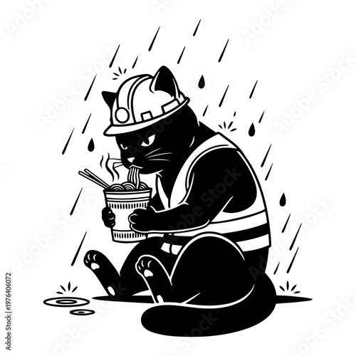 Cat construction worker eating instant noodles in rain representing hard labor in minimalist black and white vector style