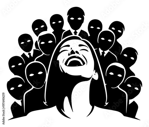Laughing woman surrounded by many mysterious men in suits representing social pressure in minimalist black and white vector style