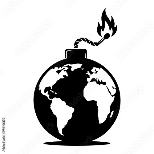 Earth globe shaped like a bomb with lit fuse representing global crisis and danger in minimalist black and white vector style
