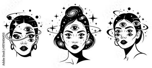 Mystical women portraits with multiple eyes and cosmic planets representing spiritual consciousness in vector style