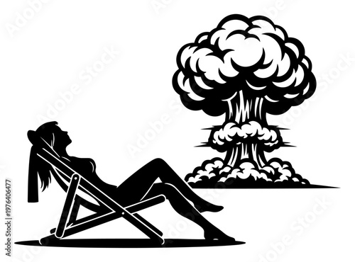 Woman relaxing in deck chair watching nuclear mushroom cloud representing apathy and destruction in vector style