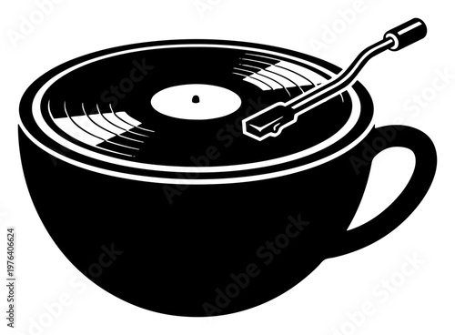 Coffee cup with vinyl record and turntable needle representing music culture in black and white vector style
