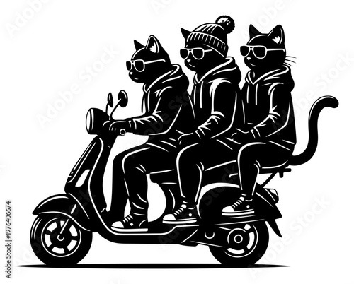 Cats riding a scooter wearing hoodies and sunglasses in humorous minimalist black and white vector style