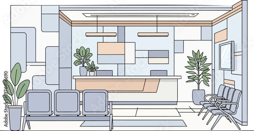 Modern Hospital Reception Interior Vector Illustration Front View Perspective with Desk and Waiting Area in Clean Flat Design