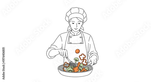 A skilled female chef wearing a traditional hat and apron is actively stir-frying vibrant vegetables in a hot pan, demonstrating healthy cooking.