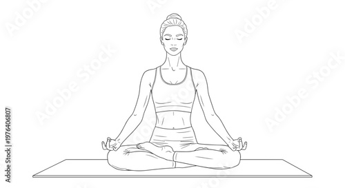 A peaceful woman is meditating deeply in the full lotus pose (Padmasana) on a yoga mat, with her hands in a mudra, promoting serenity and mindfulness.