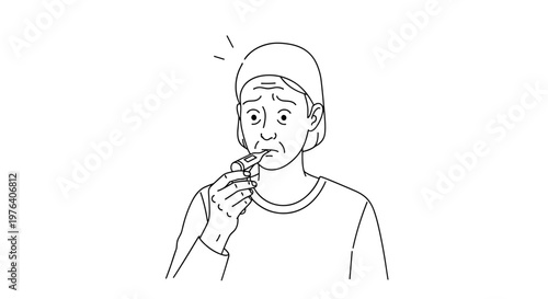 A worried woman with a concerned expression is cautiously checking her temperature with a thermometer, indicating potential illness or health anxiety.