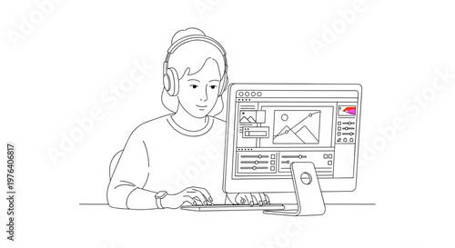 A young person with headphones is intently focused on typing and working on a desktop computer, engaged in a digital task or online activity.