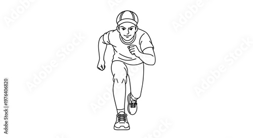 An energetic man in athletic wear, including a cap and sneakers, is actively sprinting directly towards the viewer with determination and focus.
