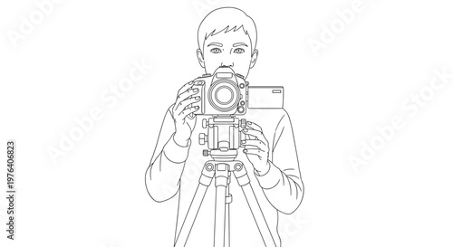 A young person with a focused expression is holding a professional-looking, large format camera, ready to capture a moment or scene.