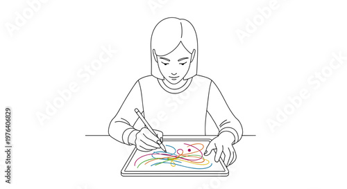 A young woman with short hair is deeply concentrated on sketching or creating colorful digital art on a modern tablet with a stylus.