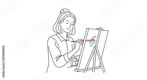 A smiling young woman with her hair tied up is joyfully painting on an easel, expressing her artistic talent and creativity.