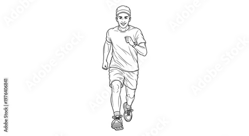 A focused man dressed in athletic wear, including a cap, is steadily jogging or running towards the viewer with determination and stamina.