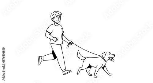 A cheerful young person is happily walking a large dog on a leash, enjoying a leisurely stroll together outdoors.
