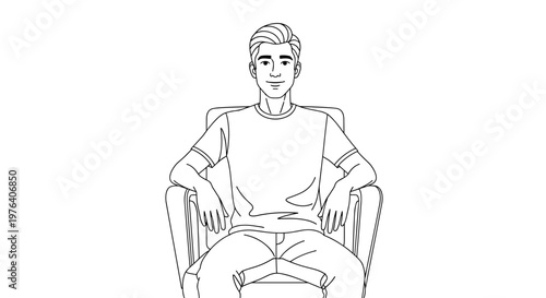 A calm young man with short, styled hair is comfortably seated in a modern armchair, presenting a relaxed and approachable demeanor.