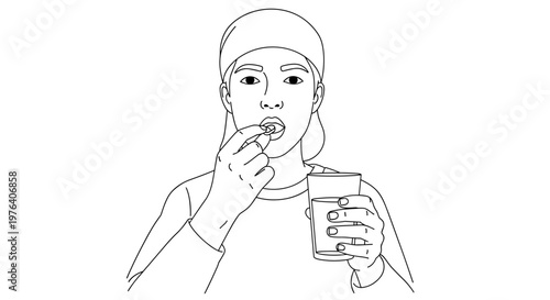 A person with a bandana is taking a pill or vitamin with water from a glass, focusing on their health and wellness routine.