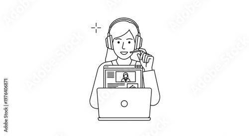 A smiling woman wearing a headset with a microphone, actively participating in a video call on her laptop, likely for work or an online meeting.