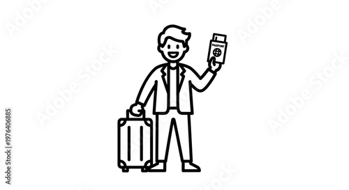 A joyful man holding a passport and a ticket while standing next to his rolling suitcase, ready for an exciting journey or vacation.