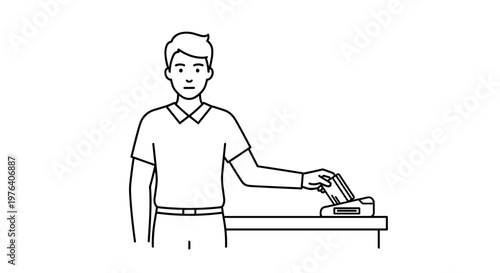 A serious man interacting with a payment terminal, inserting a card for a transaction or making a purchase at a point of sale.