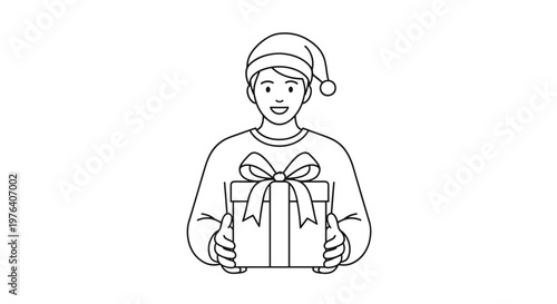 A joyful young man wearing a festive Santa hat is cheerfully holding a beautifully wrapped gift box with a bow.